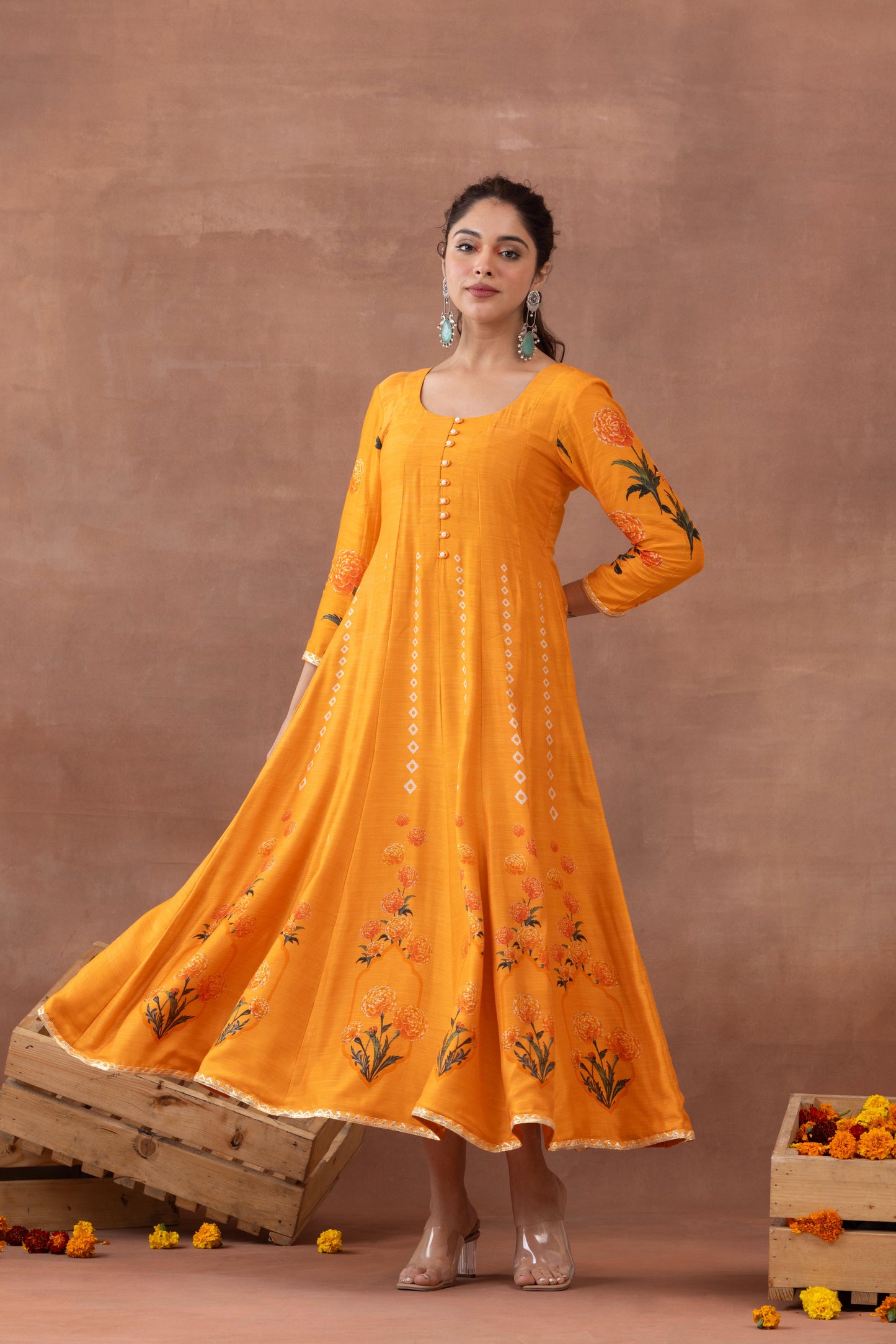 Sunehri- Orange Printed Anarkali Set