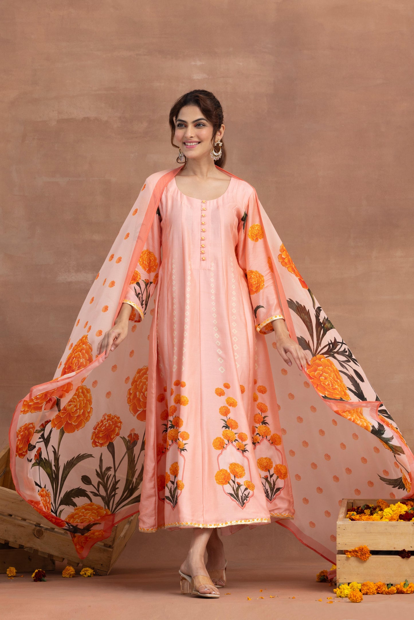 Kaira- Peach Printed Anarkali Set