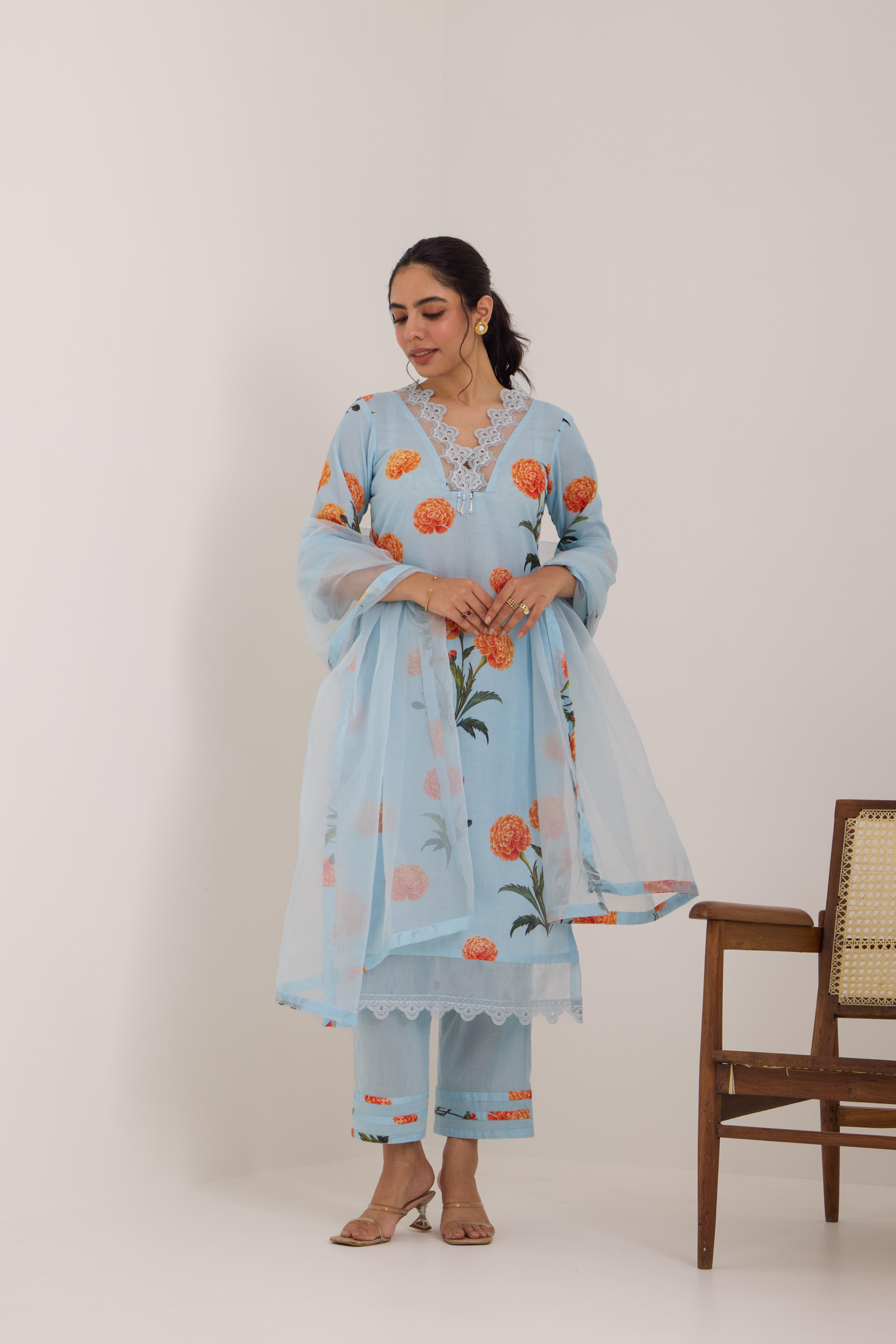 Taraash Royal Blue Boota Printed Cotton Suit Set main image 1