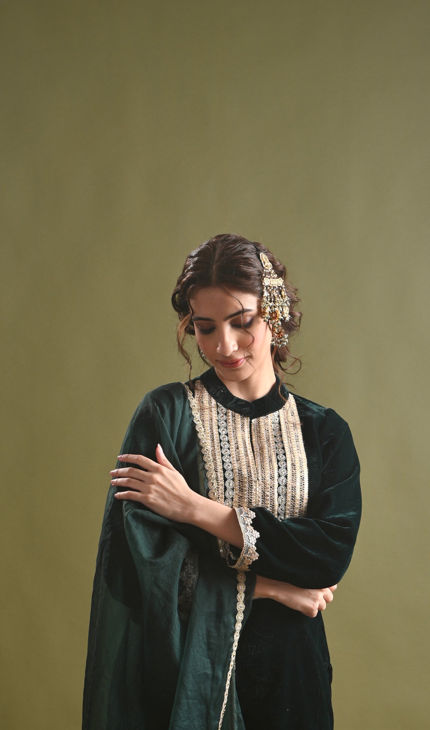 Jasnoor Anand in Rimsha -Bottle Green Velvet-Garara Suit Set