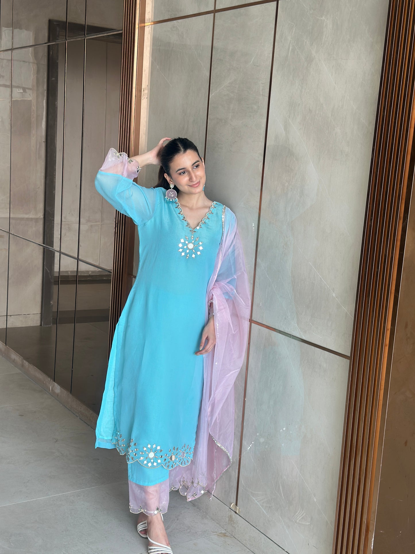Noor - Blue Mirror Emb Suit Set