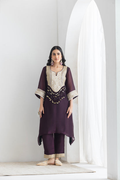 Meher- Plum Crushed Silk Suit set