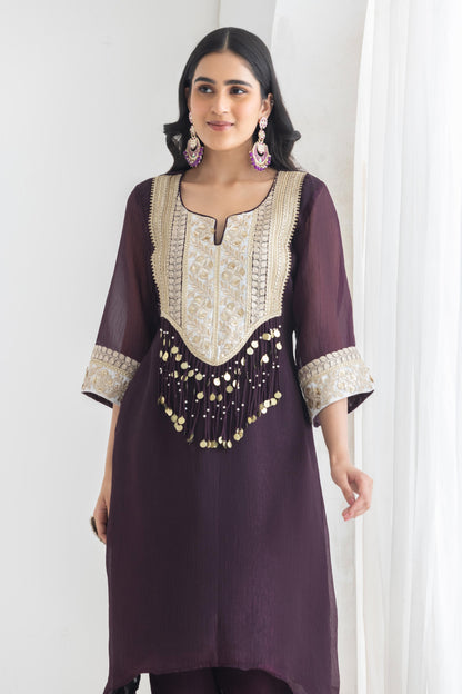 Meher- Plum Crushed Silk Suit set