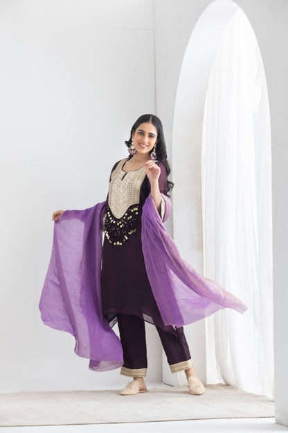 Meher- Plum Crushed Silk Suit set