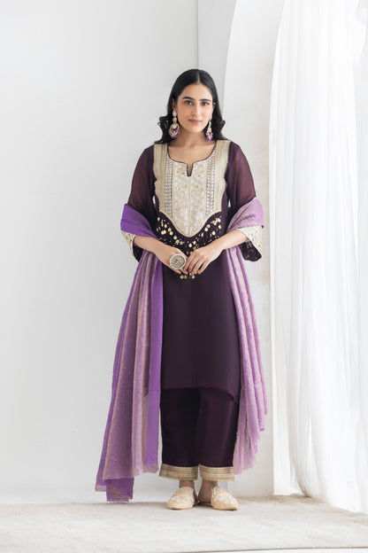 Meher- Plum Crushed Silk Suit set
