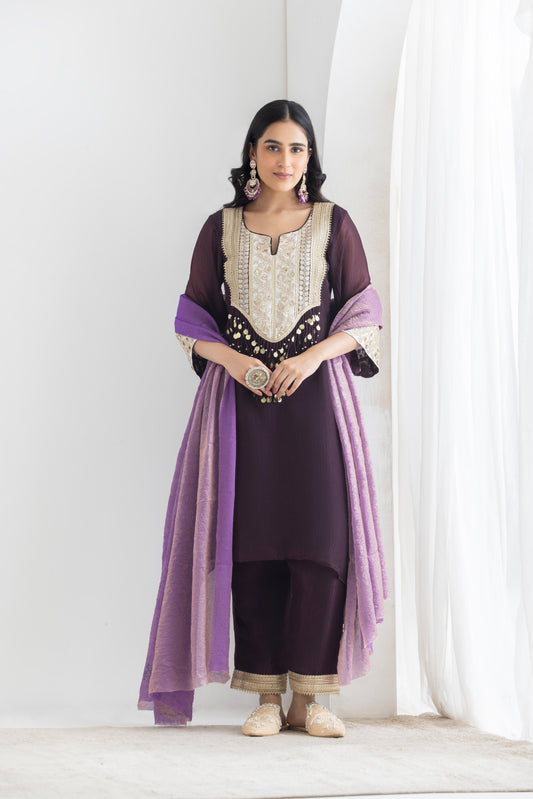 Meher- Plum Crushed Silk Suit set
