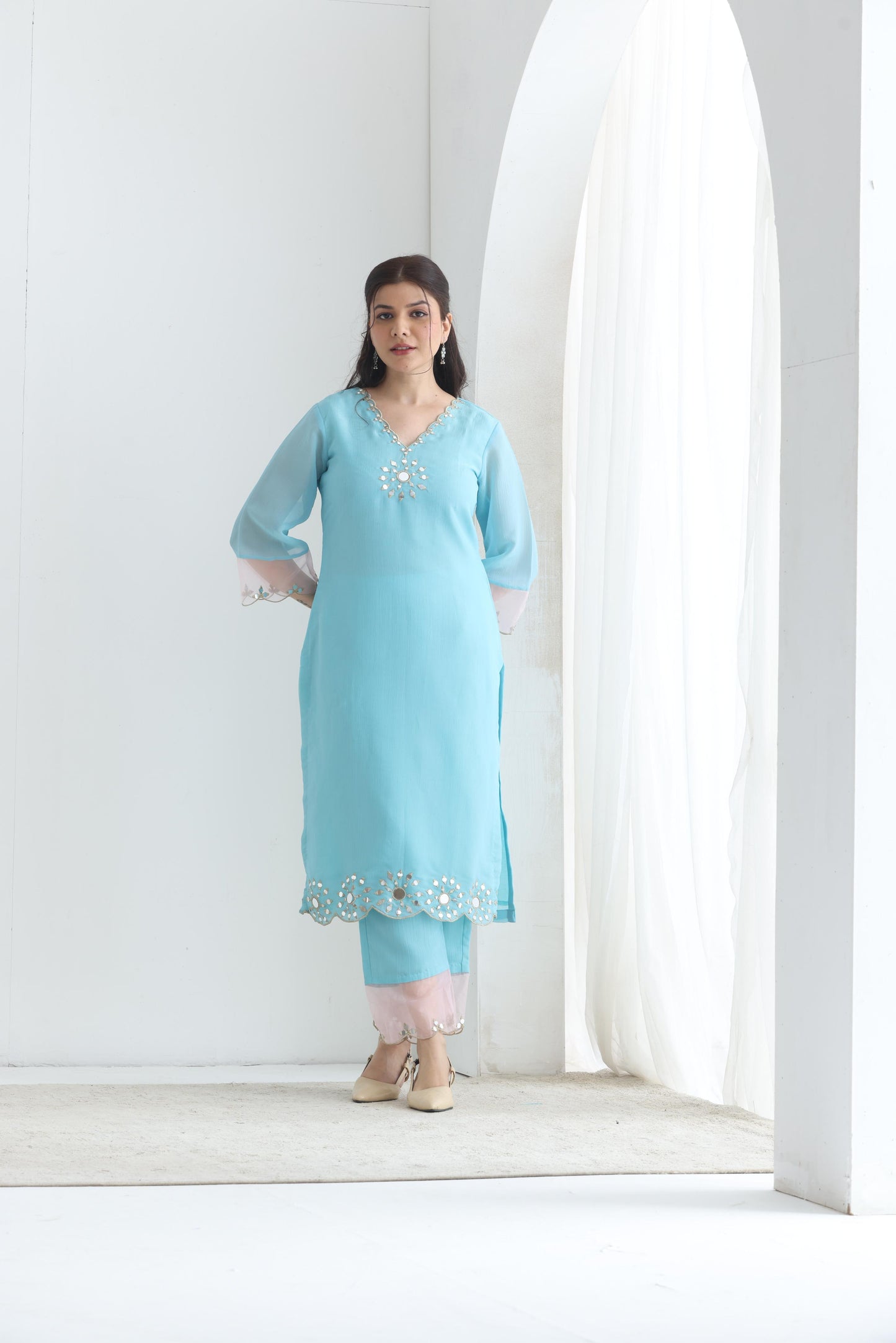 Preet- Blue Mirror Emb Suit Set