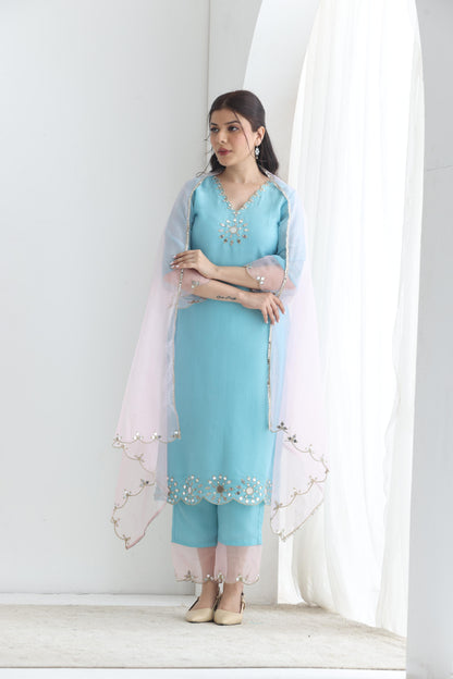 Preet- Blue Mirror Emb Suit Set