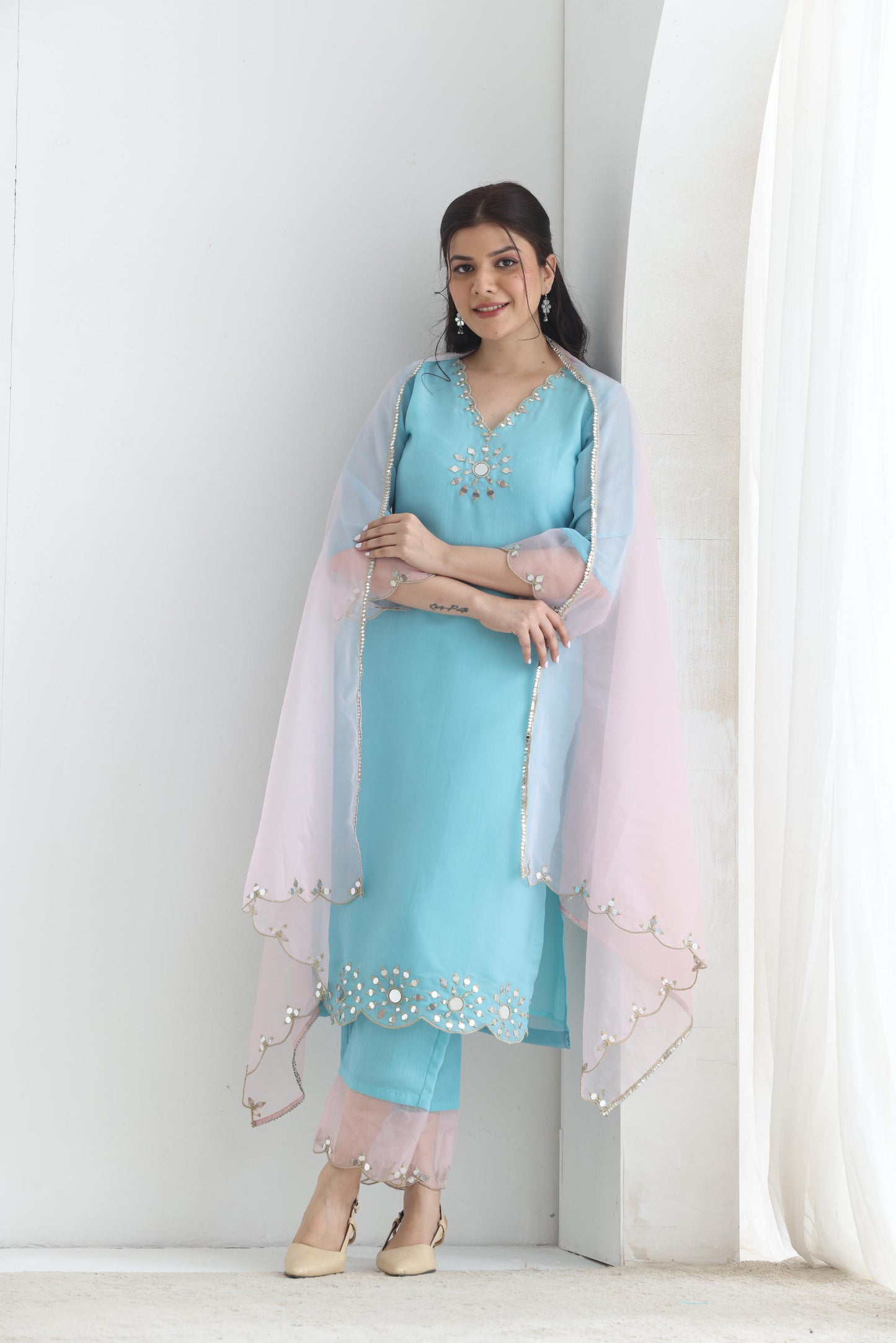 Preet- Blue Mirror Emb Suit Set