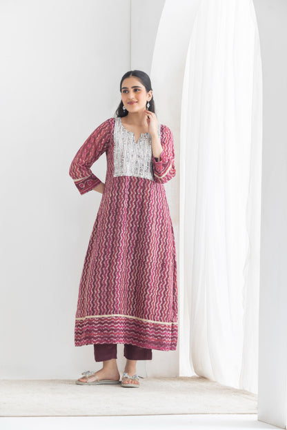 Ibadat - Maroon Batik print chanderi Suit set