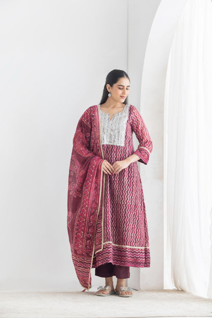 Ibadat - Maroon Batik print chanderi Suit set