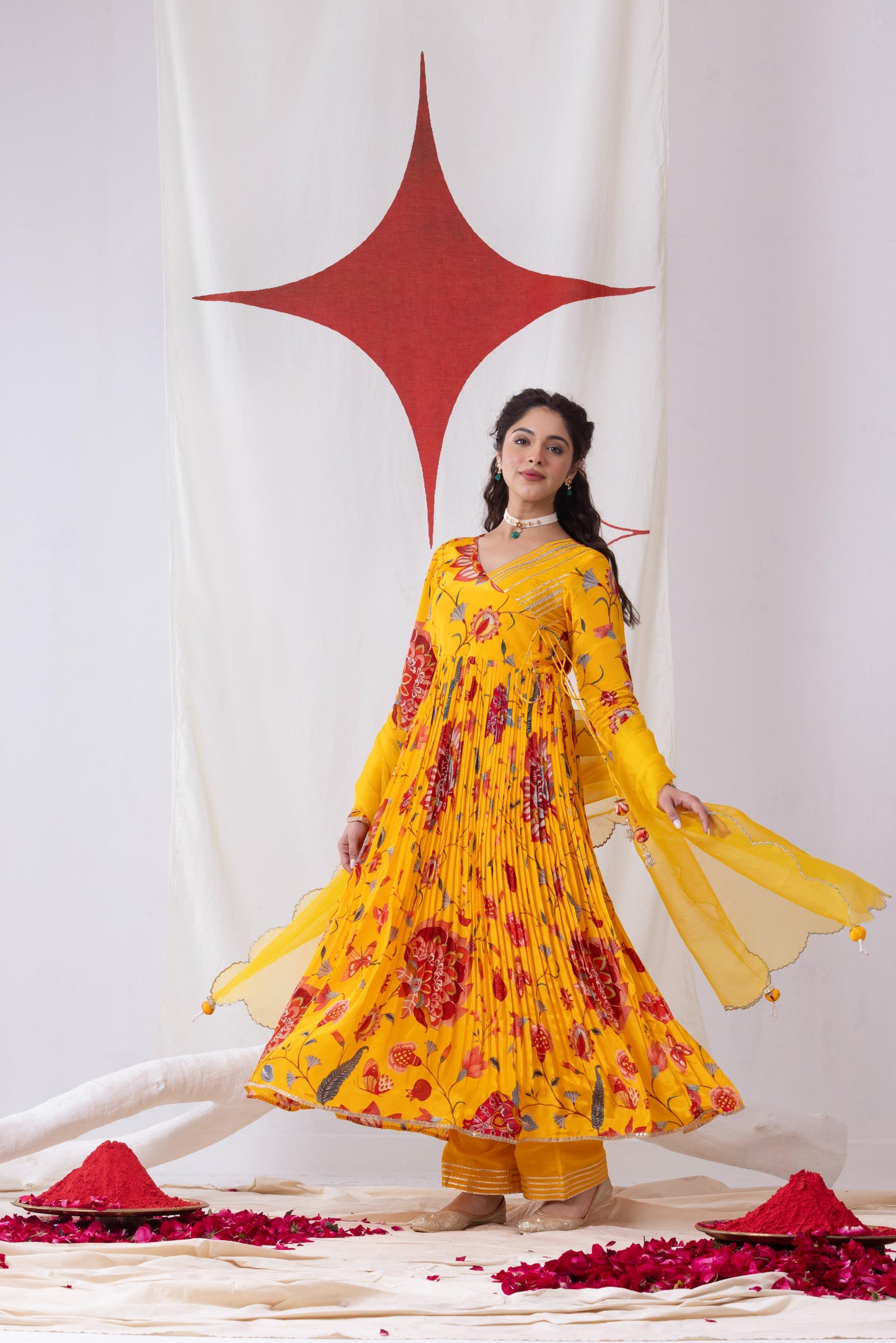 Gulnaar-Yellow Pleated Anarkali Set