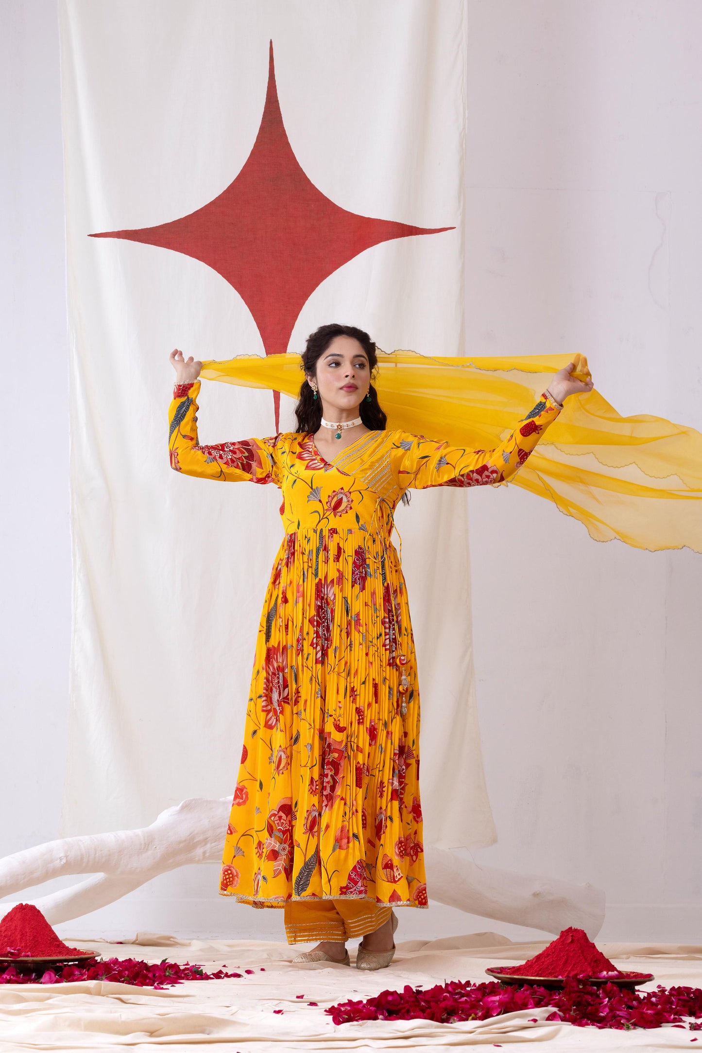 Gulnaar-Yellow Pleated Anarkali Set