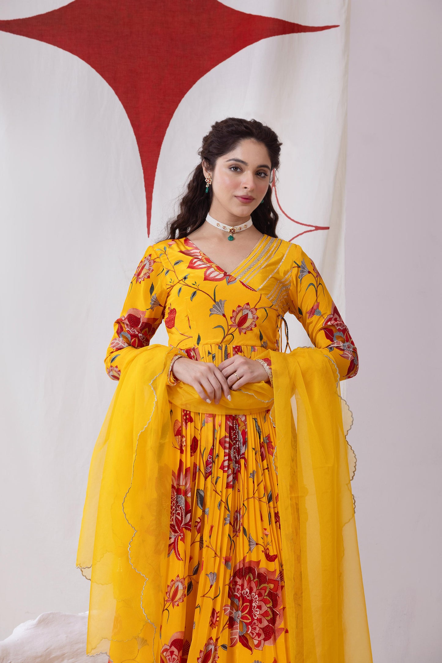 Gulnaar-Yellow Pleated Anarkali Set