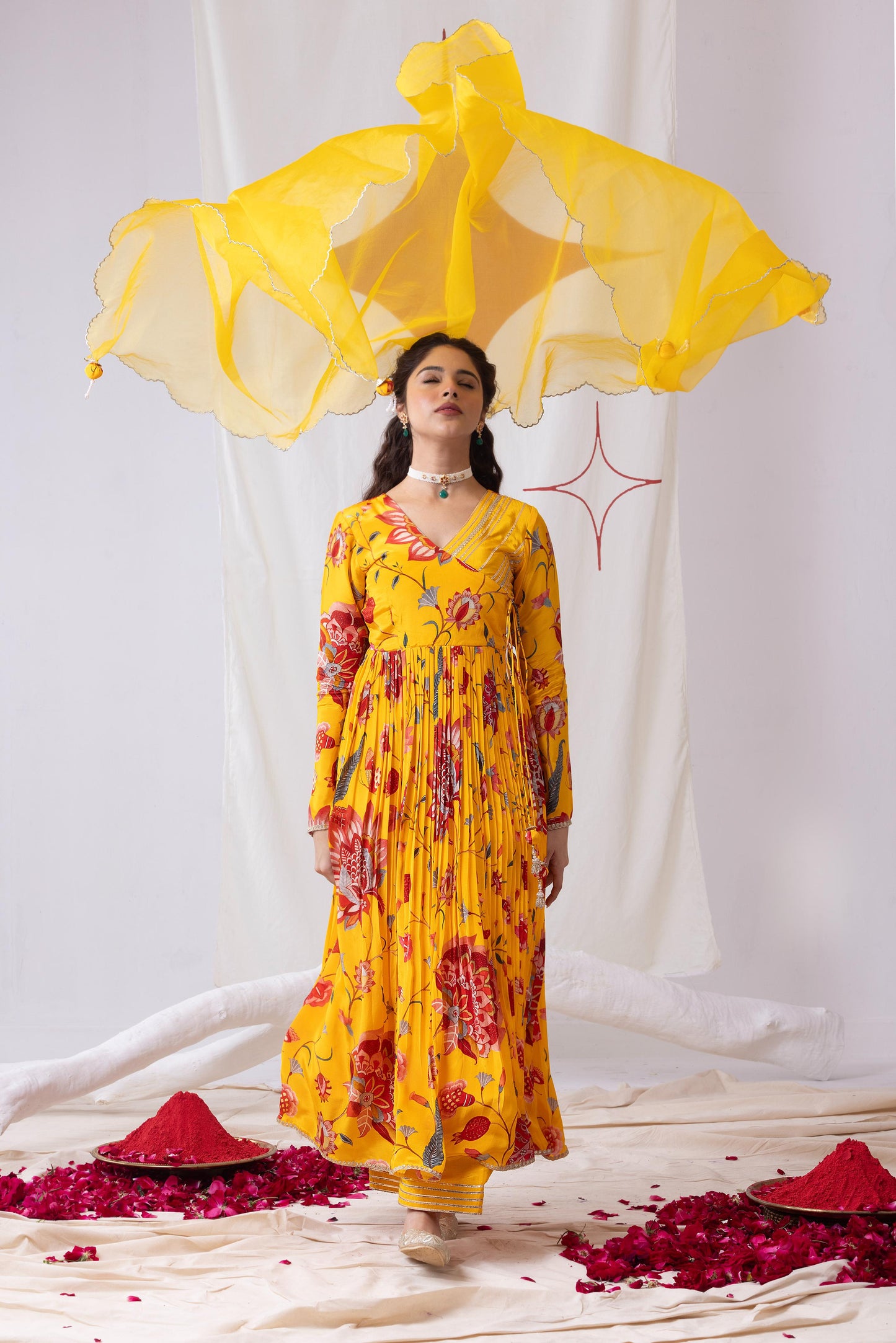 Gulnaar-Yellow Pleated Anarkali Set