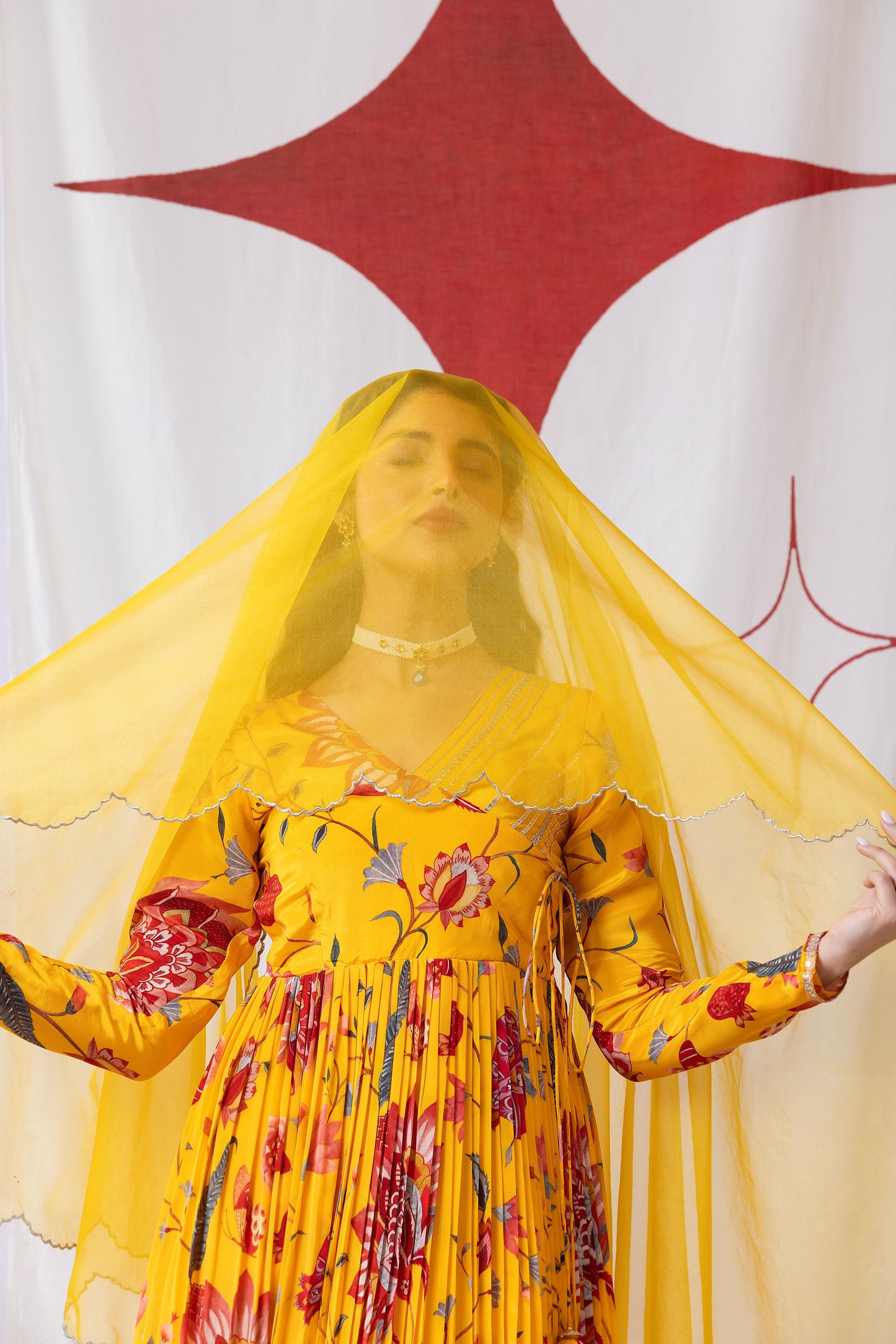 Gulnaar-Yellow Pleated Anarkali Set
