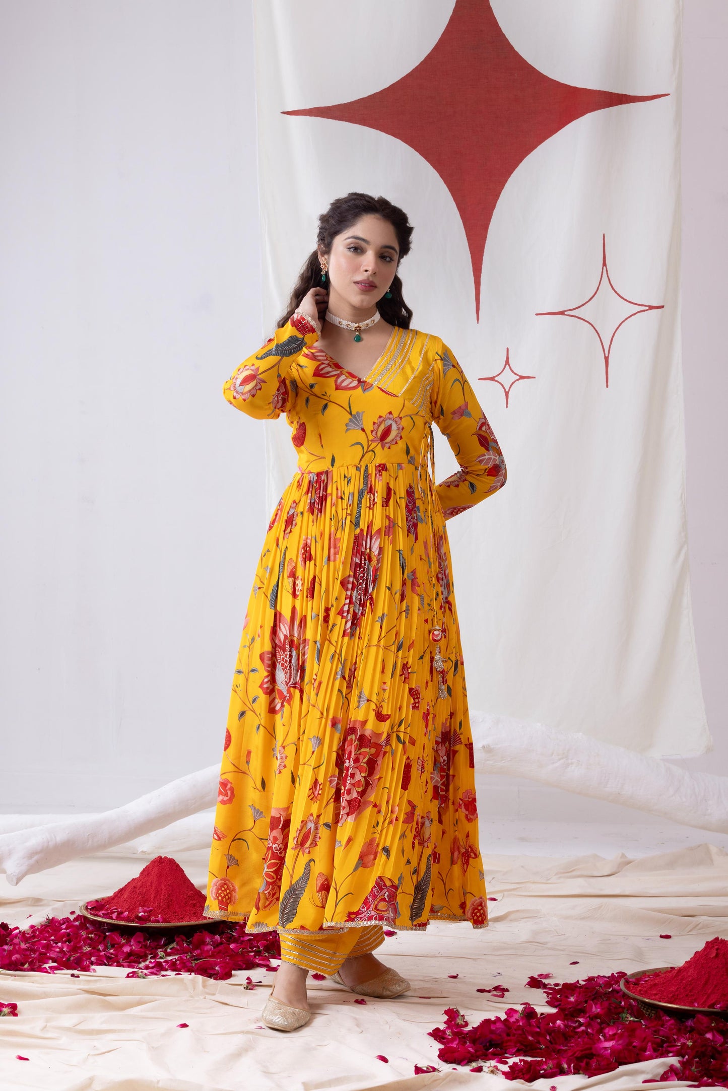 Gulnaar-Yellow Pleated Anarkali Set
