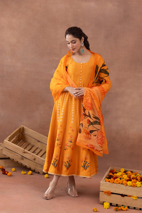 Sunehri- Orange Printed Anarkali Set - Dussehra Look