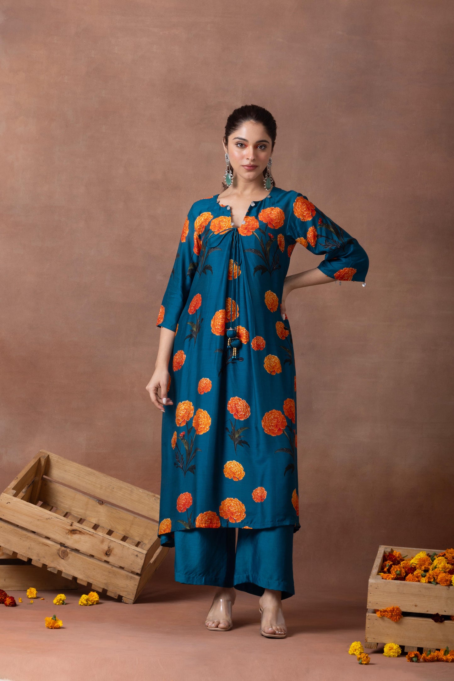 Amber- Teal Printed Suit Set
