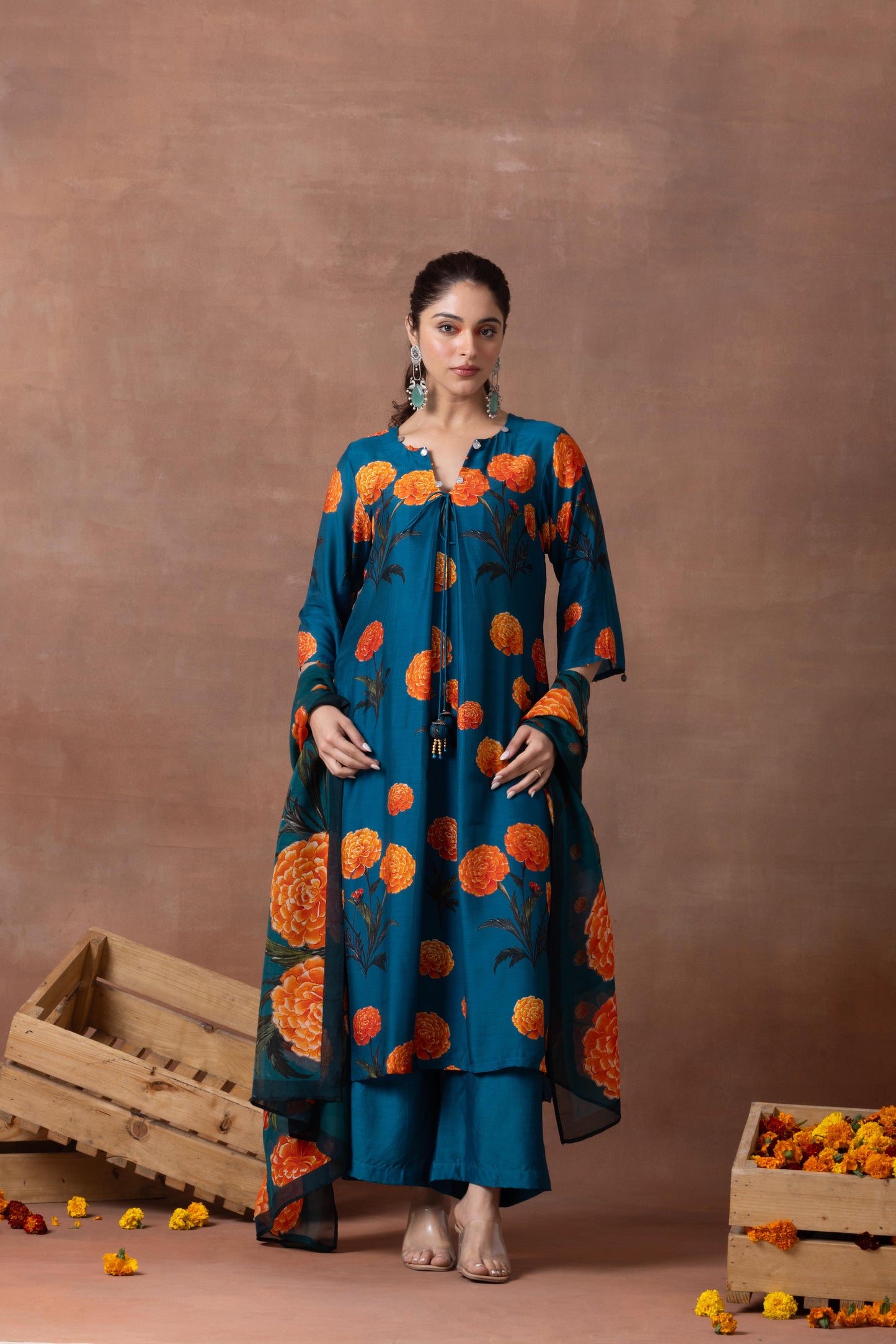 Amber- Teal Printed Suit Set