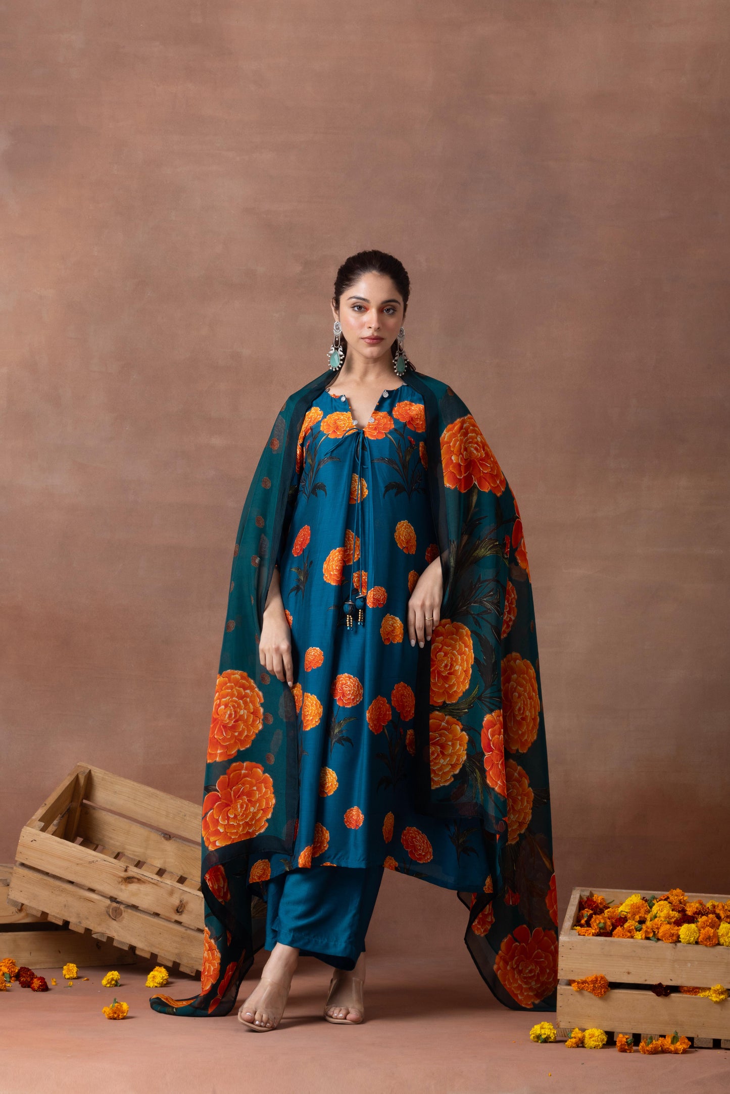 Amber- Teal Printed Suit Set