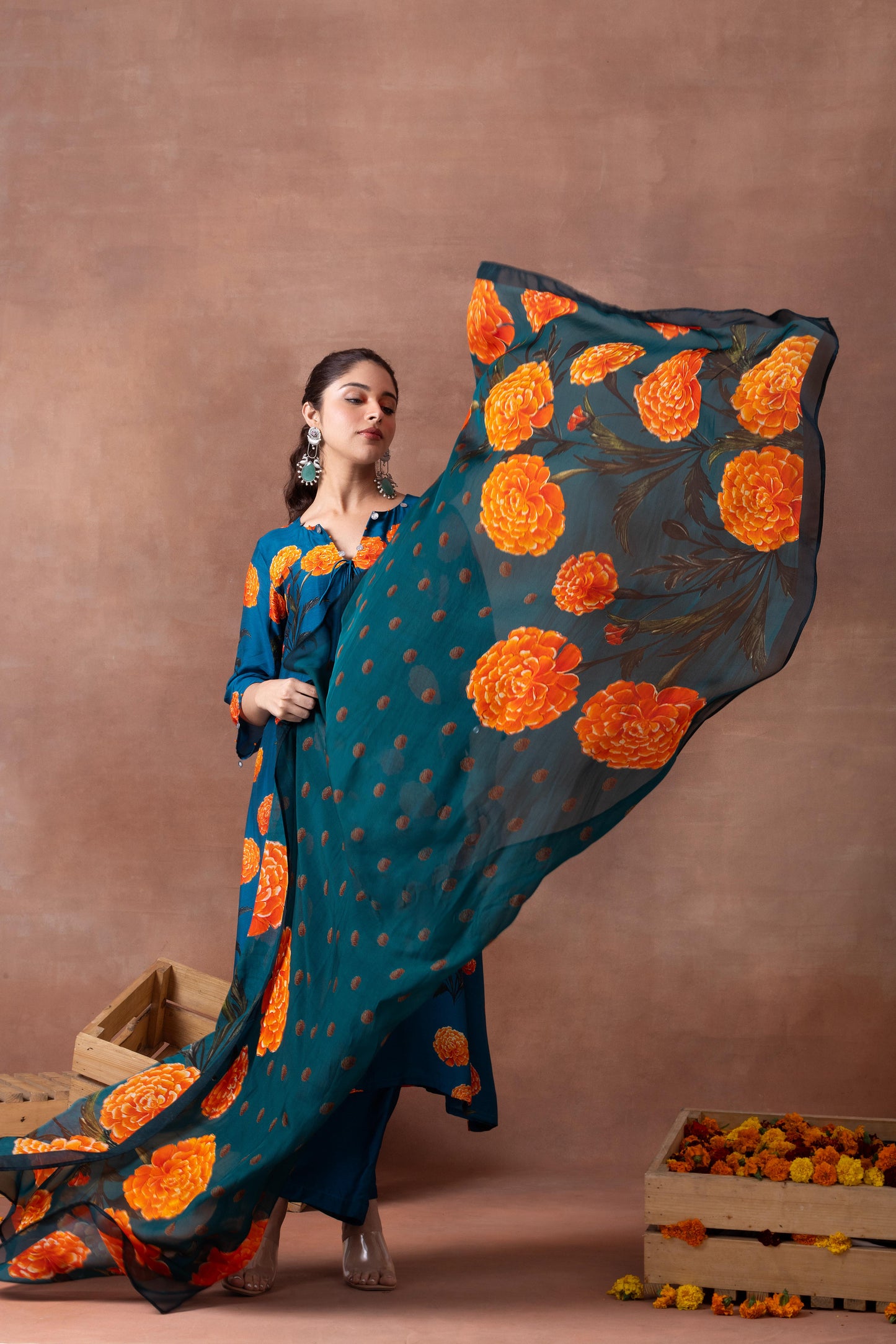 Amber- Teal Printed Suit Set