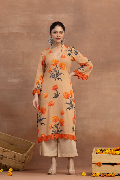 Chhaaya-Fawn Printed Kurta Set
