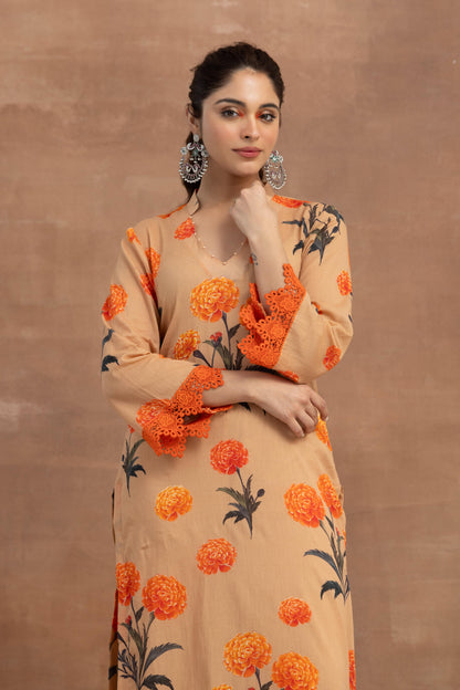 Chhaaya-Fawn Printed Kurta Set