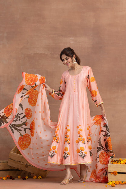 Kaira- Peach Printed Anarkali Set