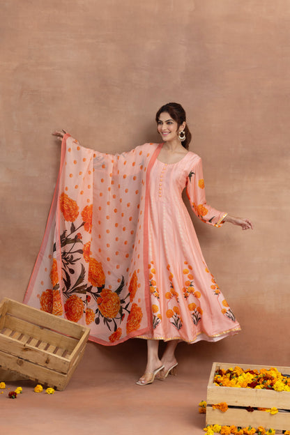 Kaira- Peach Printed Anarkali Set