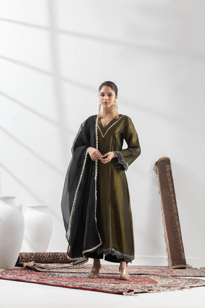 Ojasvini-Olive Black Kalidar Suit Set