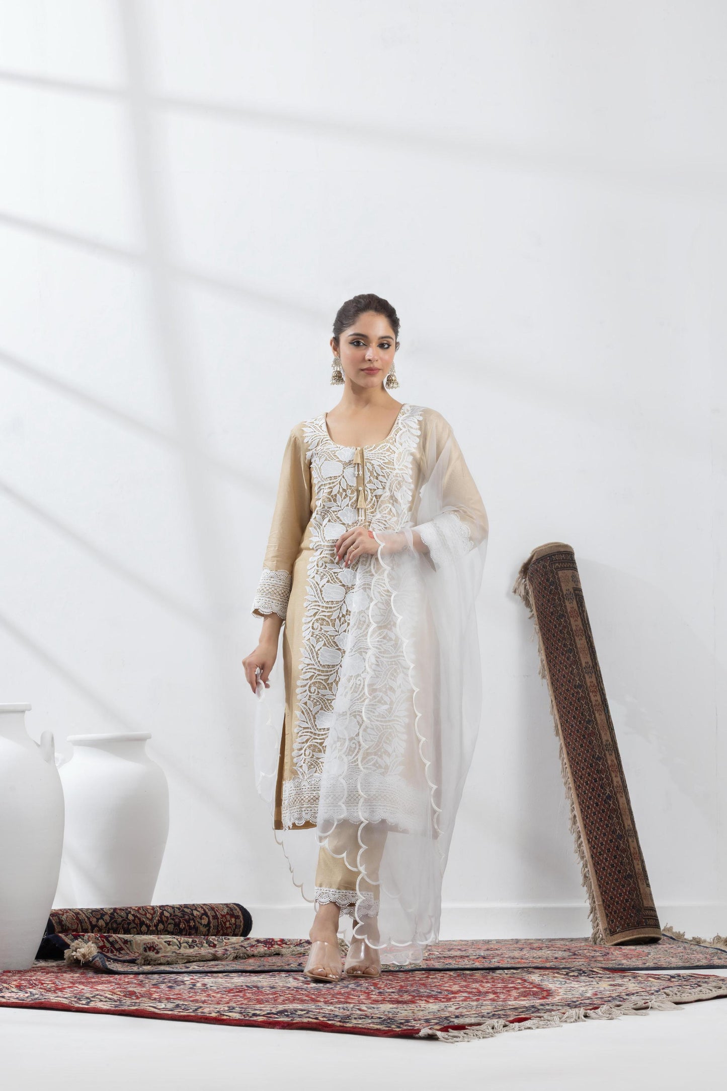 Krishvi-Beige Chanderi Suit set