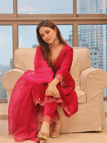 Simran Dhanwani in Reha- Hot Pink Velvet- Anarkali Set