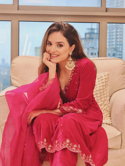 Simran Dhanwani in Reha- Hot Pink Velvet- Anarkali Set