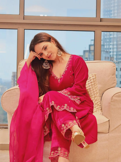 Simran Dhanwani in Reha- Hot Pink Velvet- Anarkali Set