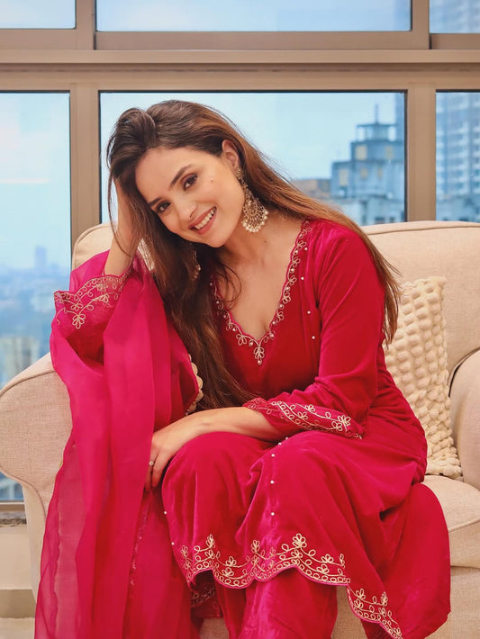 Simran Dhanwani in Reha- Hot Pink Velvet- Anarkali Set