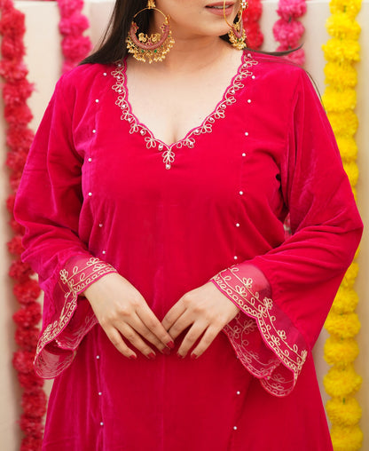 Reha- Hot Pink Velvet- Anarkali Set