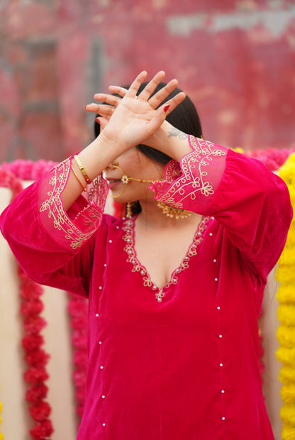 Reha- Hot Pink Velvet- Anarkali Set