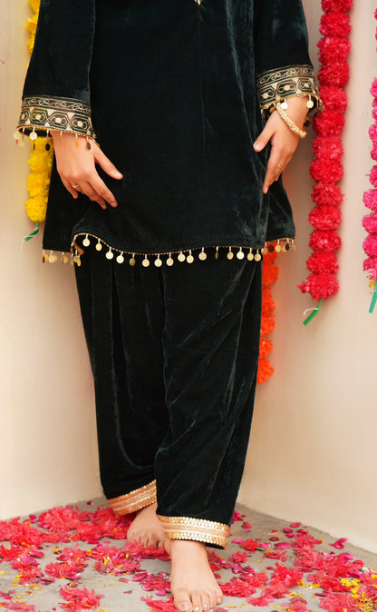 Tarini -Bottle Green Velvet Coord Set