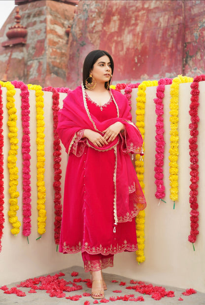 Reha- Hot Pink Velvet- Anarkali Set