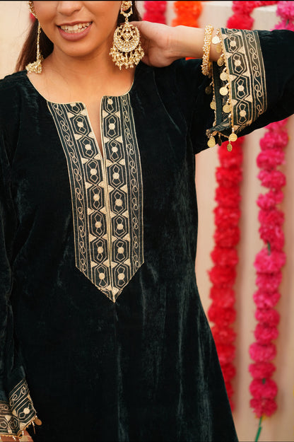 Tarini -Bottle Green Velvet Coord Set