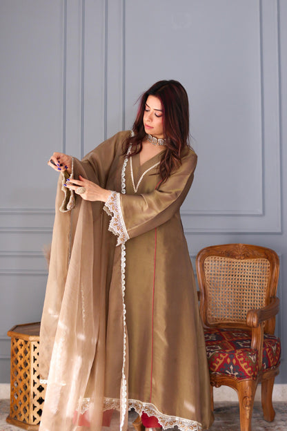 Rishu Lamba in Prakriti- Peanut Brown Kalidar Suit Set