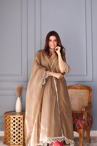 Rishu Lamba in Prakriti- Peanut Brown Kalidar Suit Set