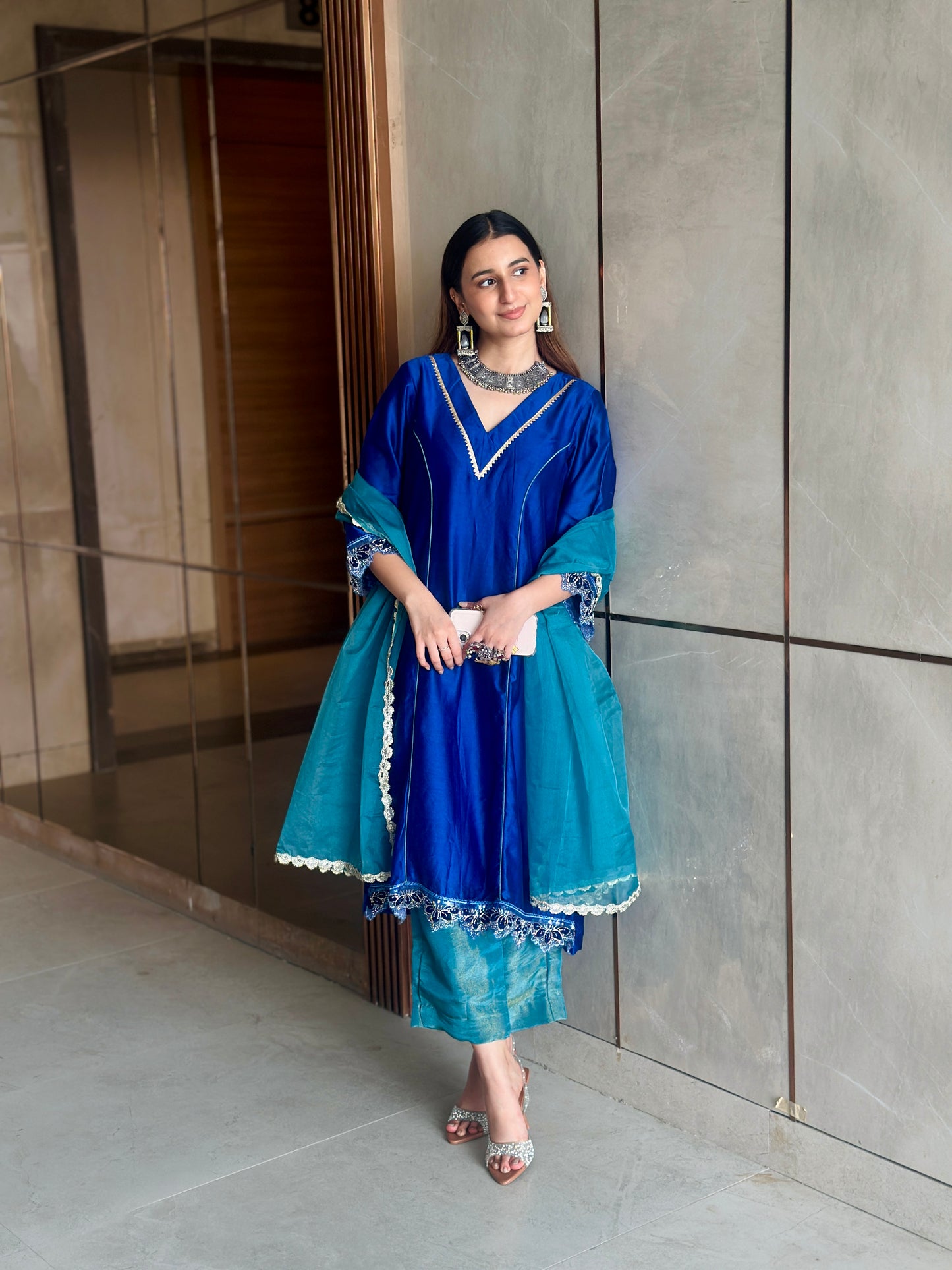 Harshita in Sharvani-Royal Blue Kalidar Suit Set