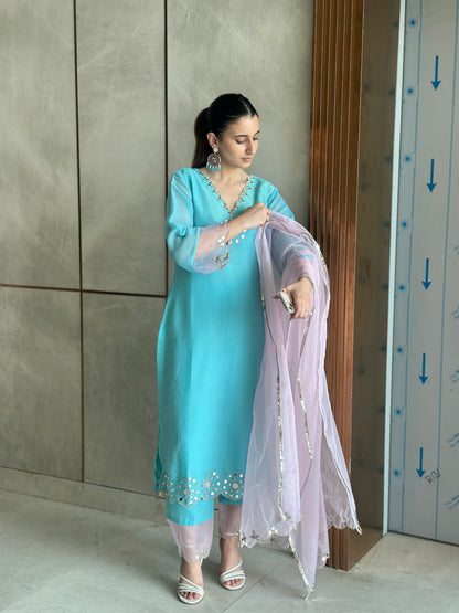 Noor -Pink Mirror Emb Suit Set