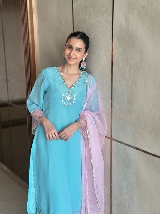 Noor - Blue Mirror Emb Suit Set