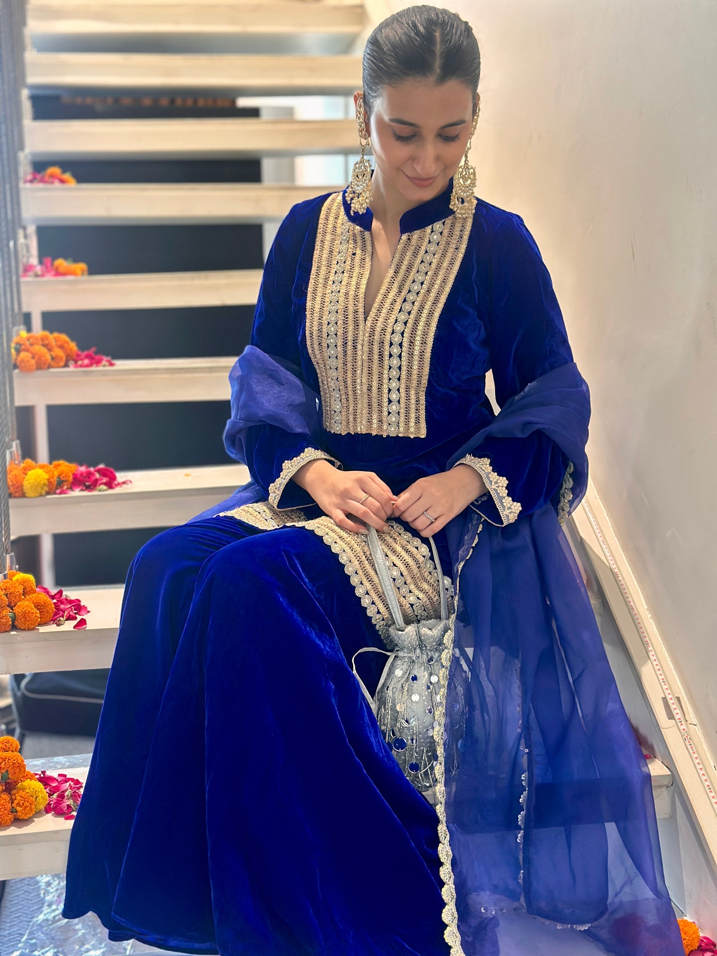 Harshita in Inaya-Royal Blue Velvet -Garara Suit Set