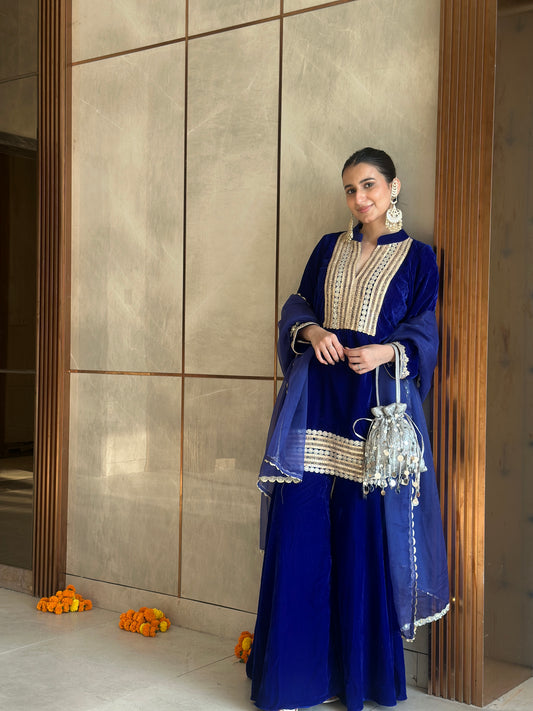 Harshita in Inaya-Royal Blue Velvet -Garara Suit Set