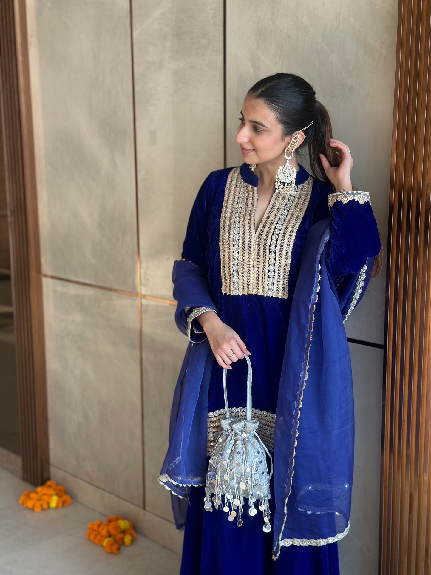 Harshita in Inaya-Royal Blue Velvet -Garara Suit Set