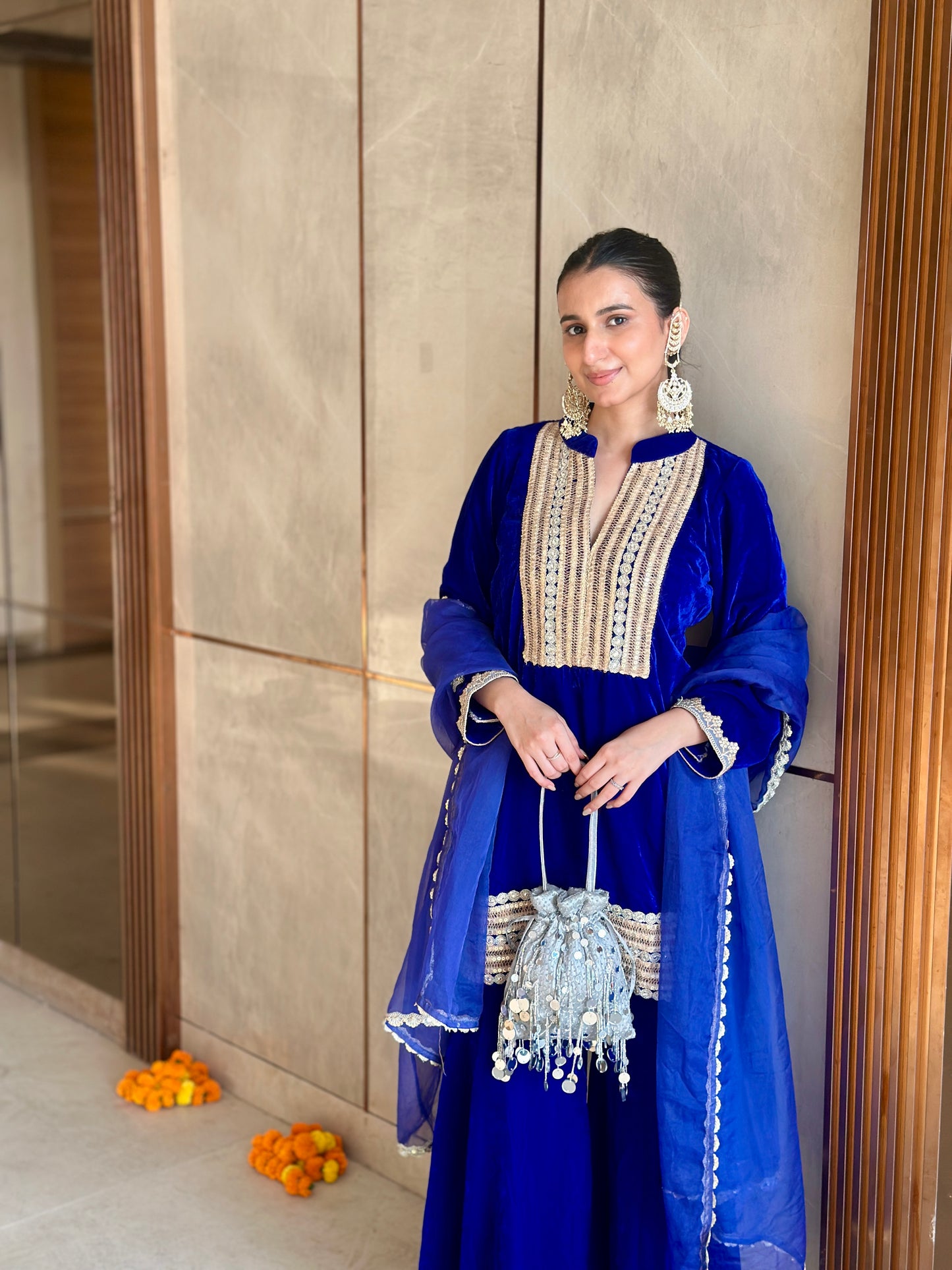 Harshita in Inaya-Royal Blue Velvet -Garara Suit Set